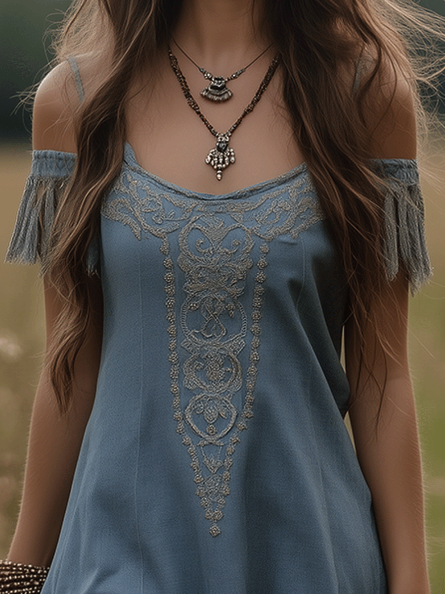 Bohemian Blue Embroidered Tassel Denim Mini Dress view 2