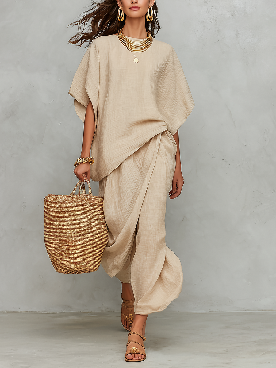 Conjunto asimétrico de lino en tono beige arena