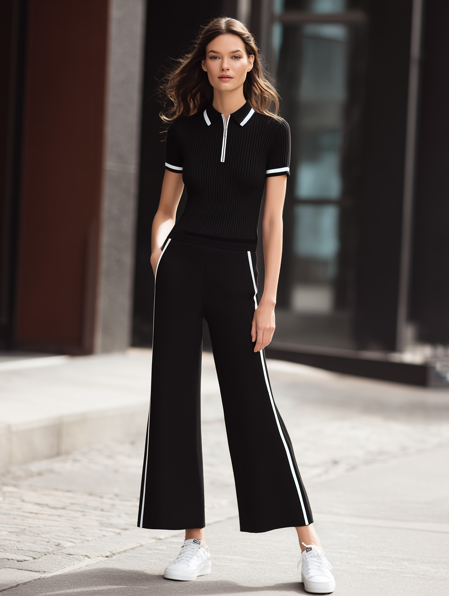 Black cropped wide-leg pants with white side stripes