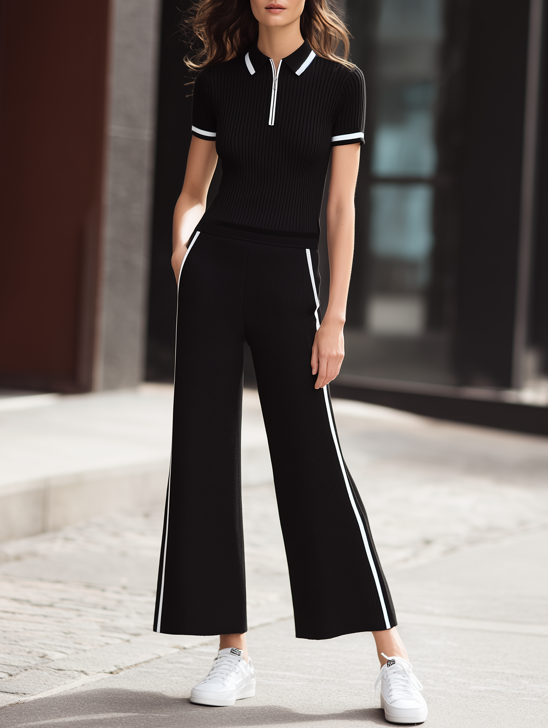 Black stand-collar knit top with white contrast trim