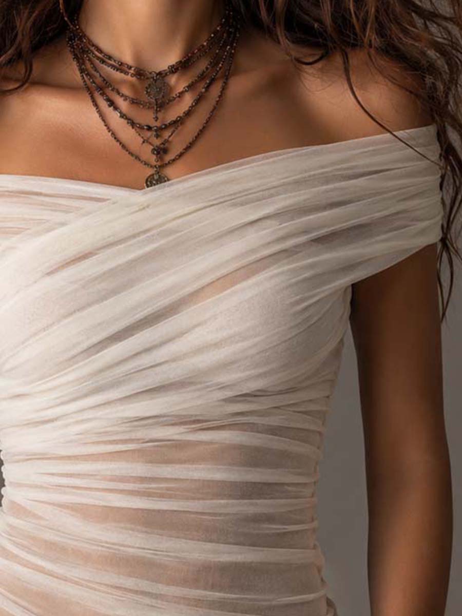 Off Shoulder Cross Wrap Ruched Mesh Slim Fit Top - side view
