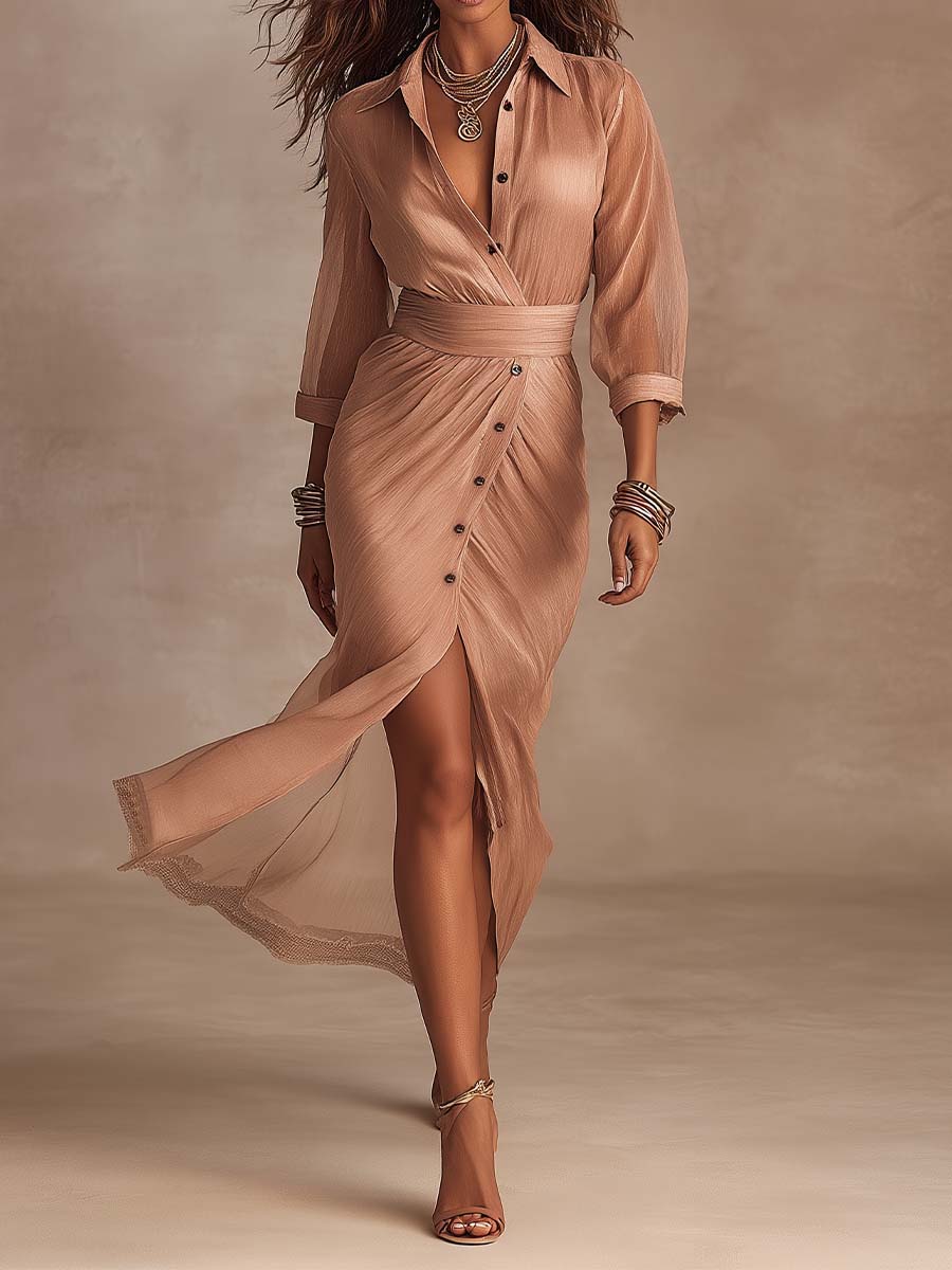 Front view of tencel-linen wrap shirt midi dress