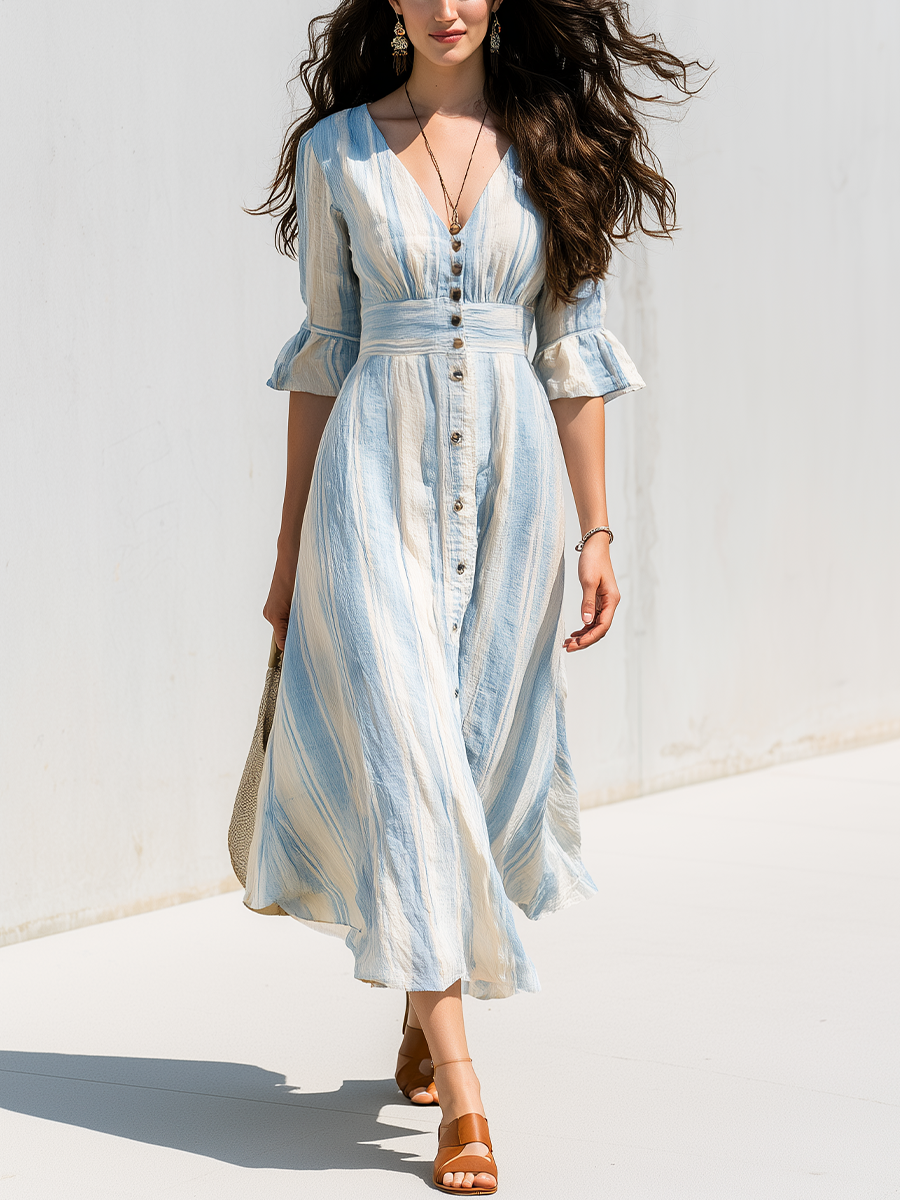 Relaxed Blue Striped Button-Front Midi Dress - image 1