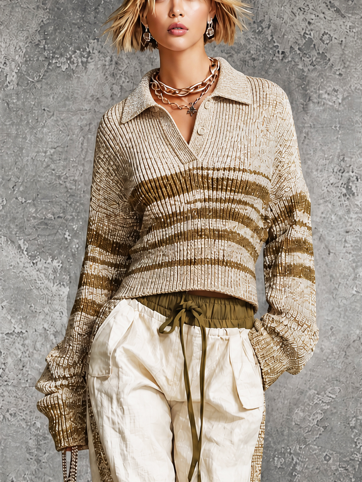 Front view of ElevenOra apricot-khaki striped polo-neck sweater top