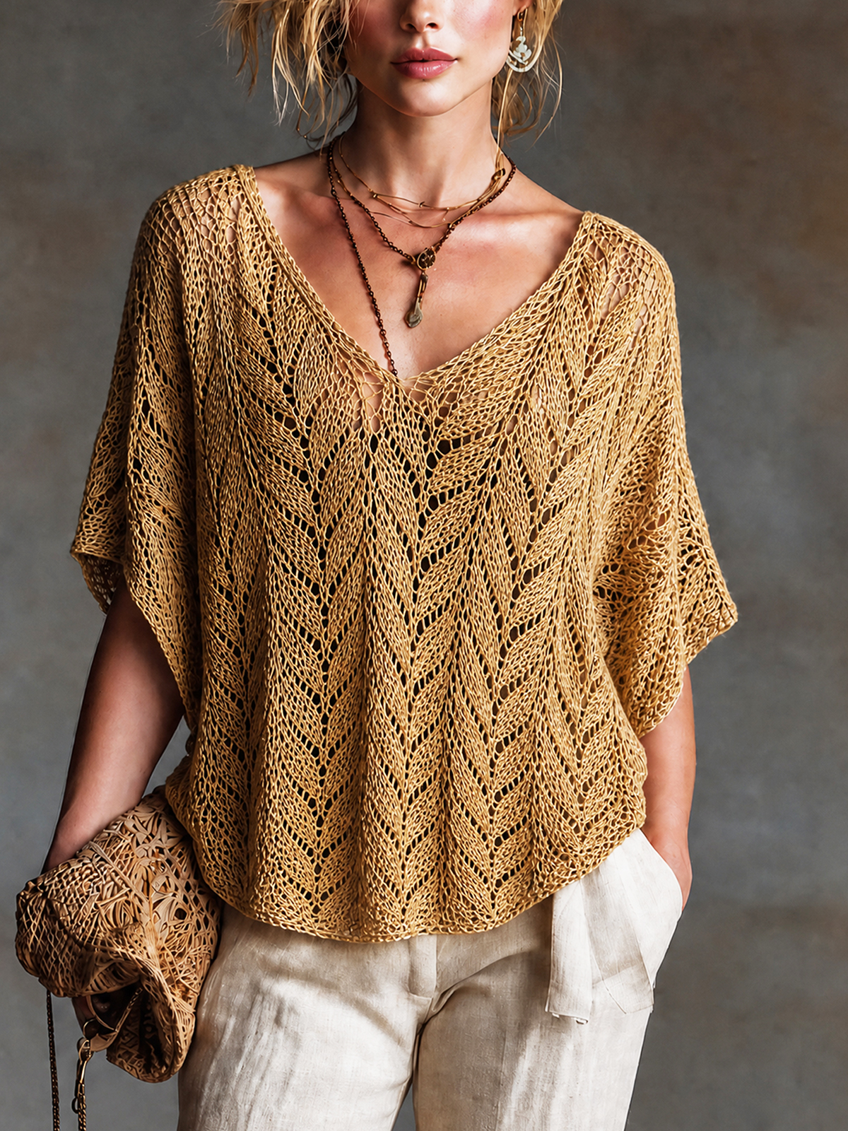 ElevenOra Mustard Yellow V-neck Short-sleeved Knit Sweater - front view