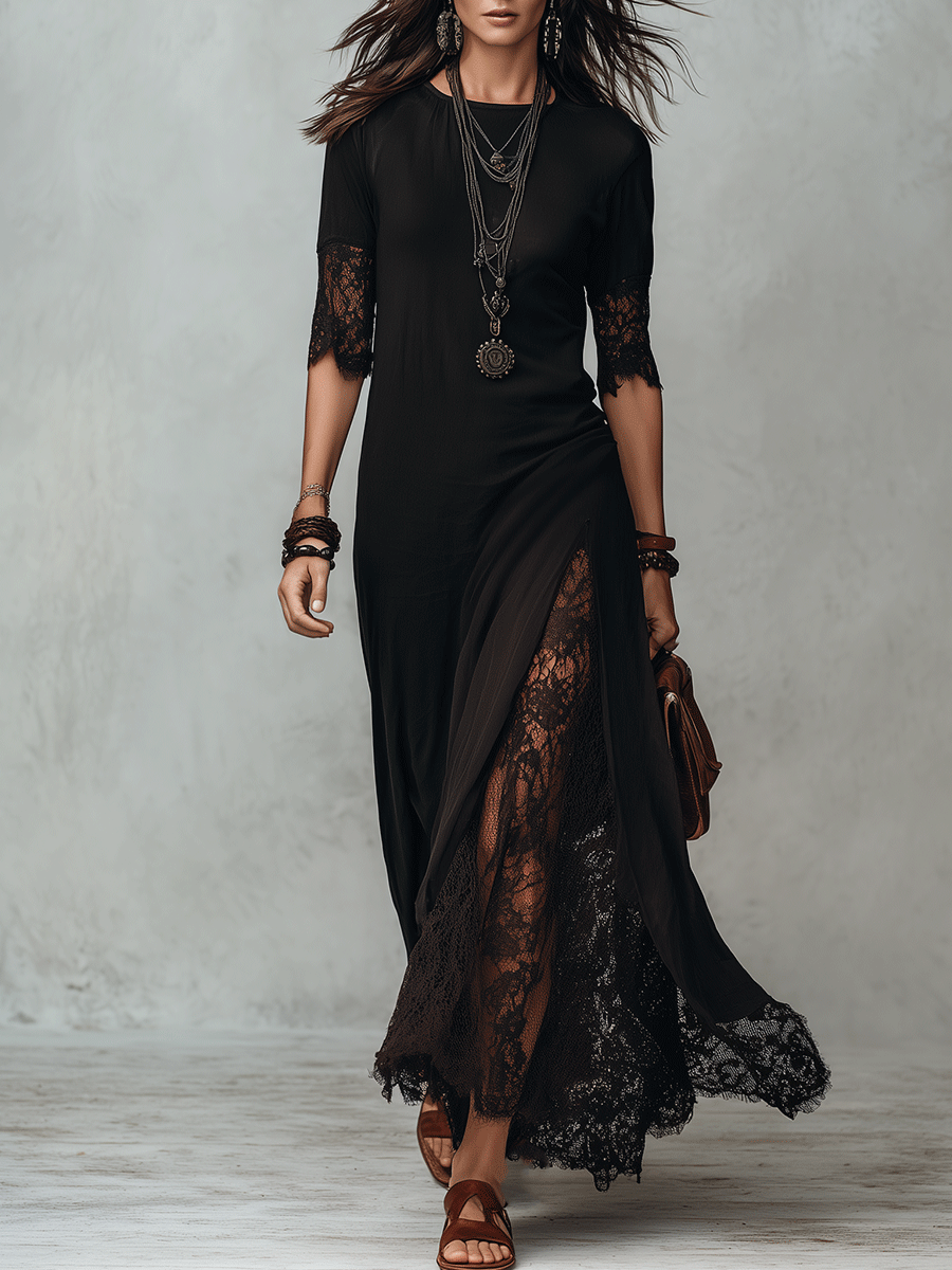Romantic Gothic Sheer Lace Half-Sleeve Black Maxi Dress - Detail 1