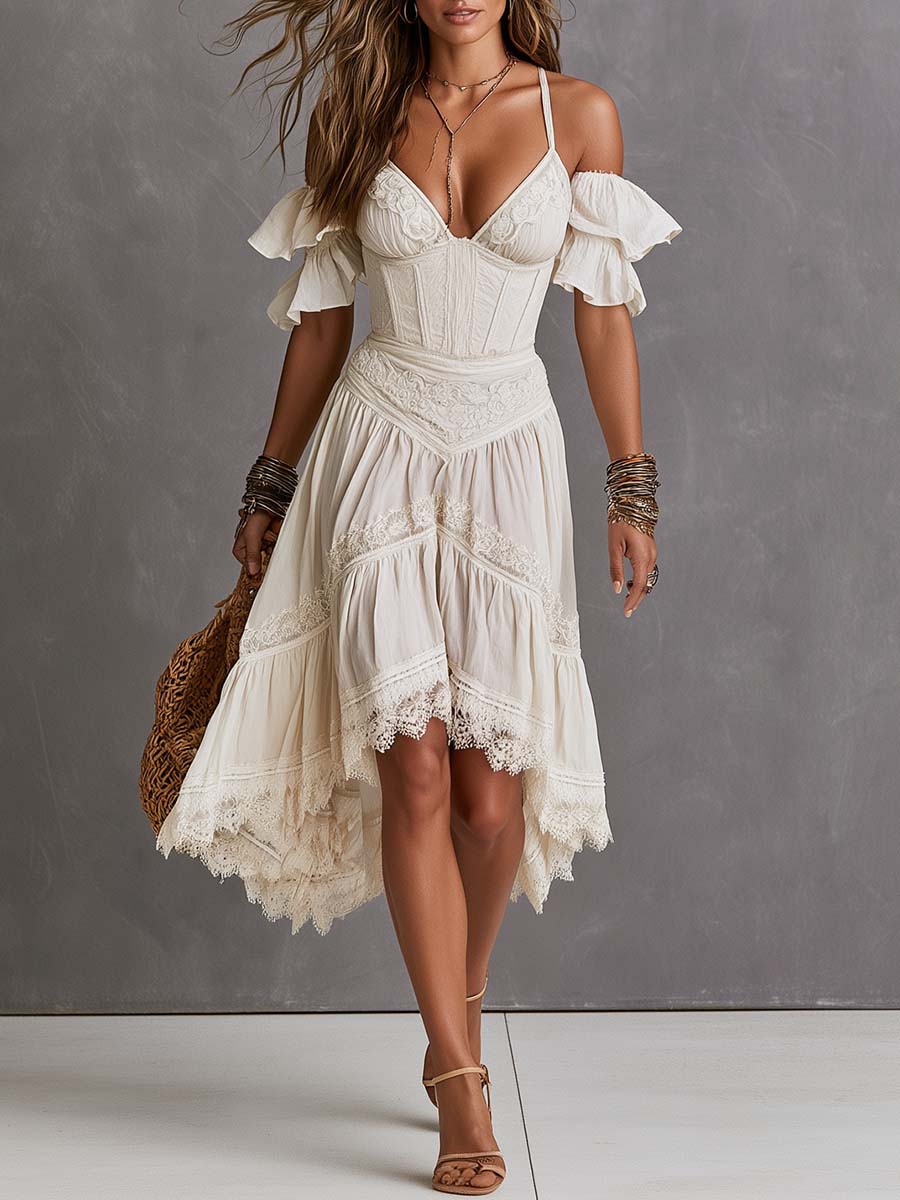 Boho cold-shoulder lace-trim corset bustier high-low ruffle midi dress - front view