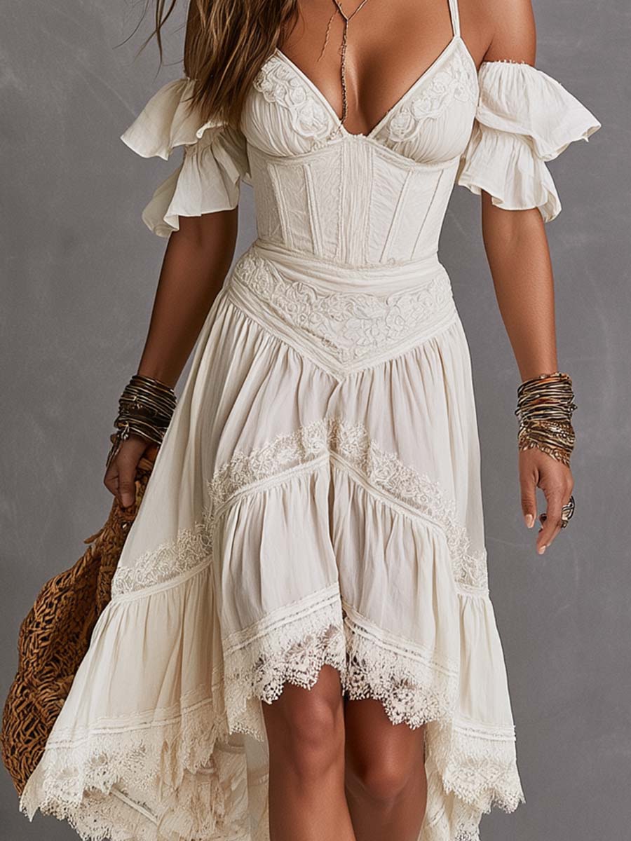Boho dress detail - lace trim and cold-shoulder