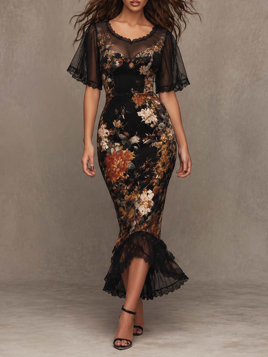 Front view of vintage gothic floral lace mermaid midi dress