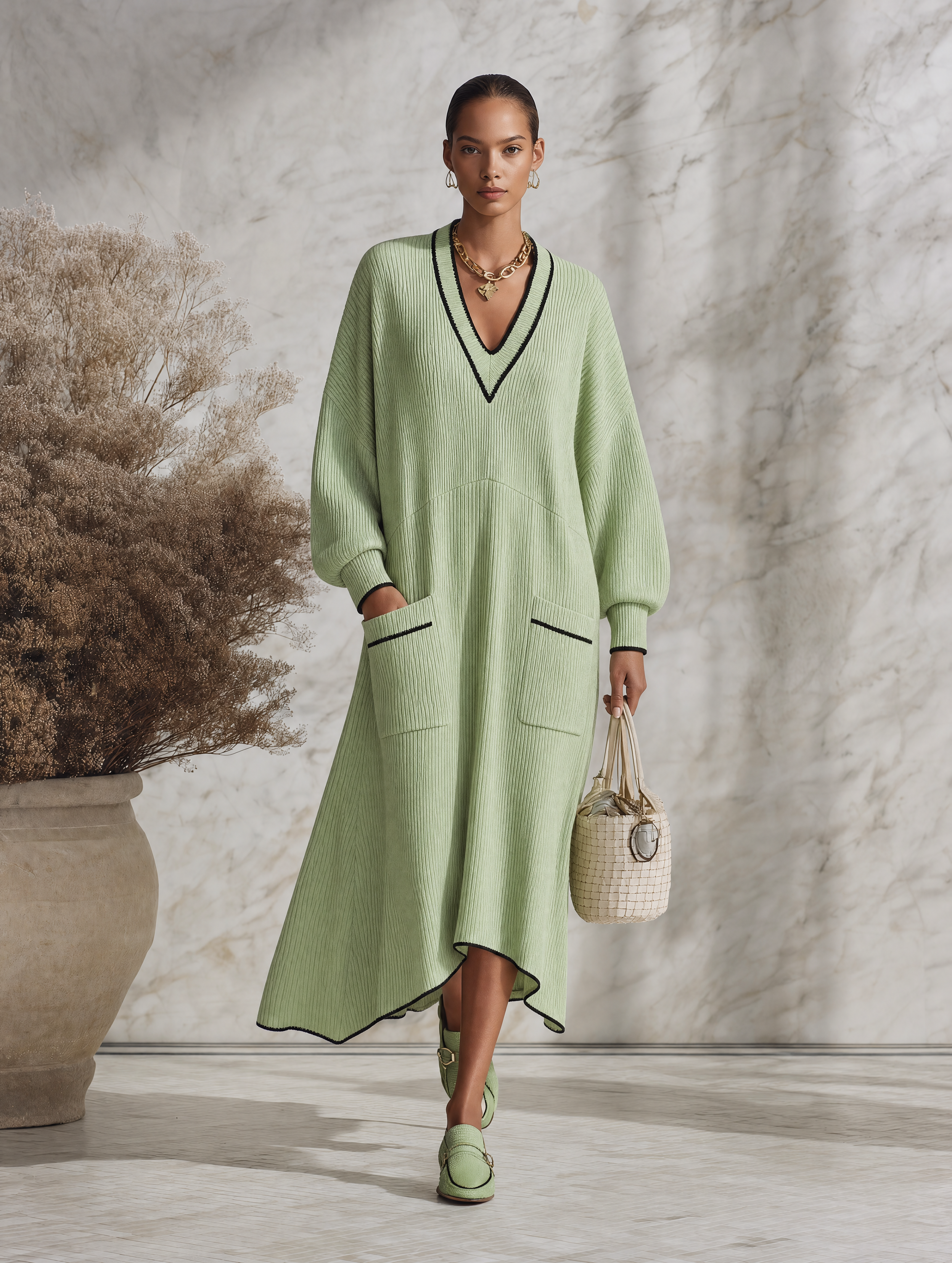 Resort-style V-neck Dropped Shoulders Midi Dress